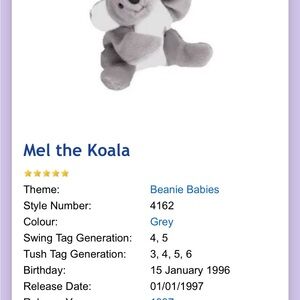 Ty Beanie Babies Mel the Koala - Gray and White Plush Toy